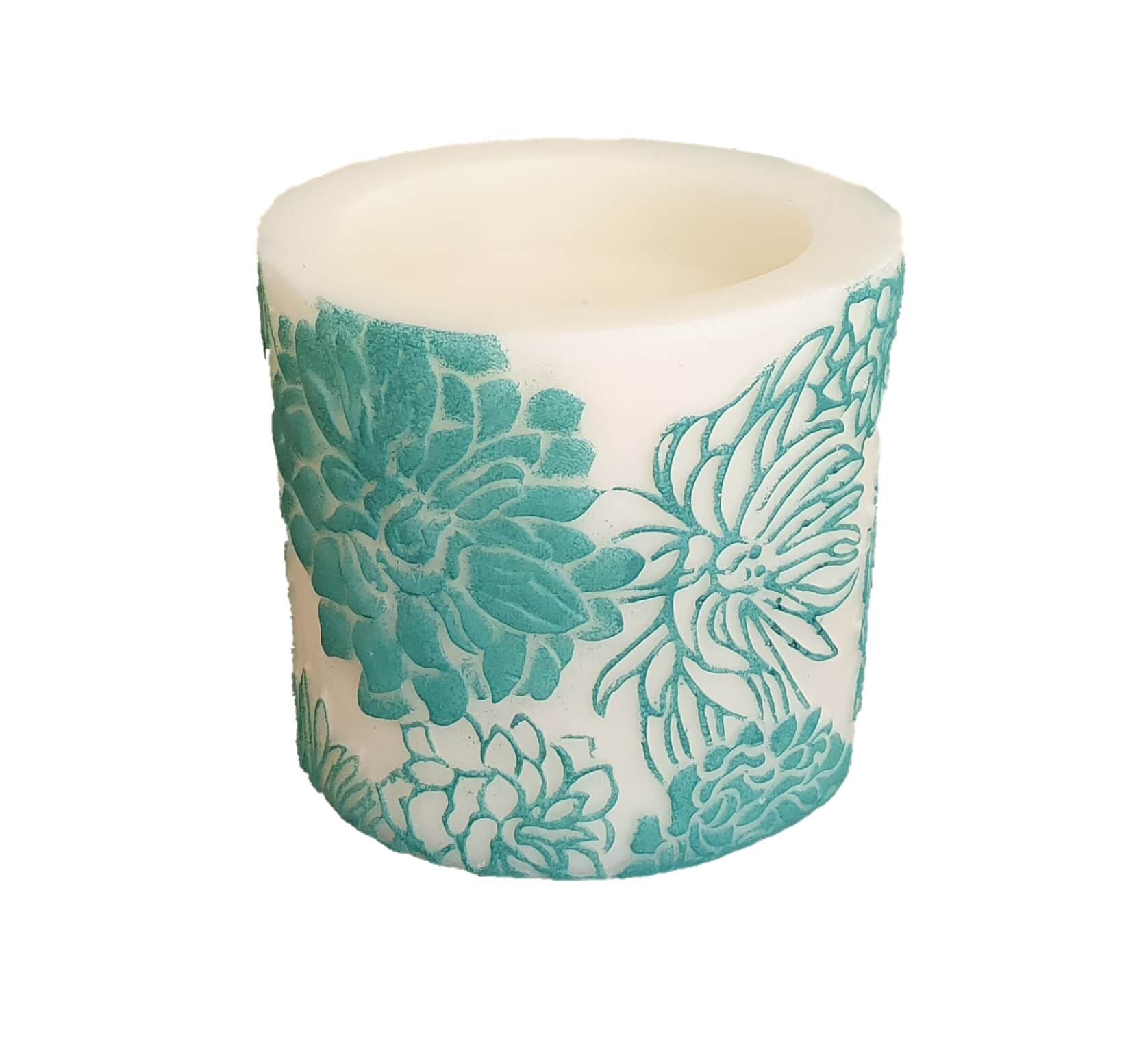 Candle with teal floral patterns on a white background