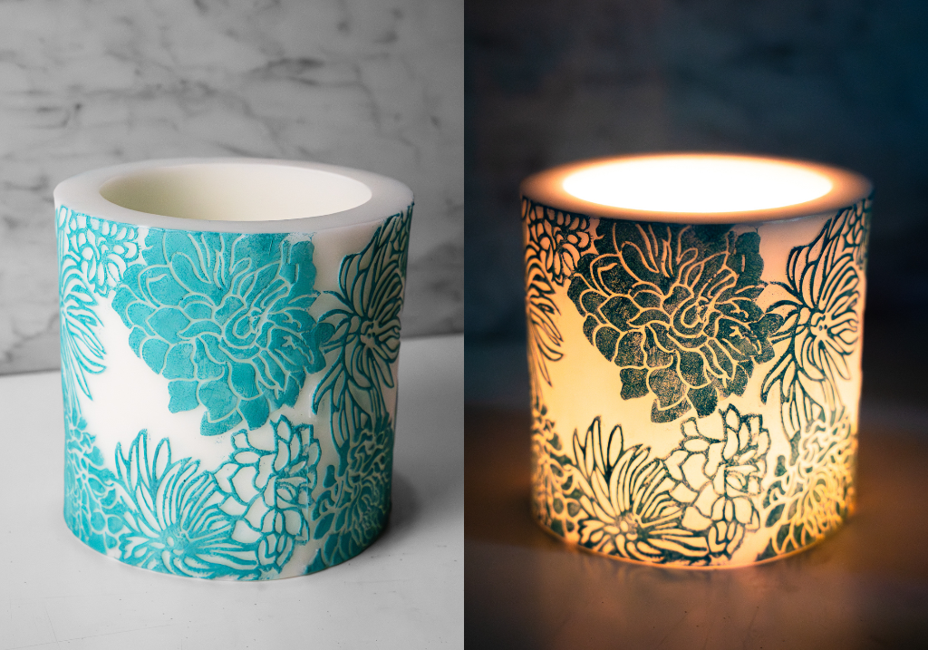 Same blue candle glowing when alight